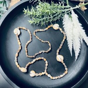 Vintage Natural Shell Beaded Necklace | Philippines Handmade | Brown Boho Ethnic